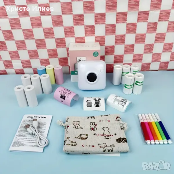 Мини принтер преносим термален мини фотопринтер Bluetooth принтер за смартфон с 13 ролки хартия, снимка 1