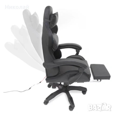 Черен геймърски стол с масаж, LED осветление и поставка за крака, снимка 5 - Геймърски - 53307996