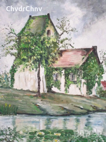 94х74см наивизъм/голяма картина масло върху платно/къща-дървета-река/1979/дървена рамка, снимка 3 - Картини - 50852908