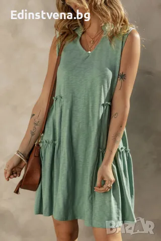 Дамска къса рокля в зелено без ръкави, снимка 1