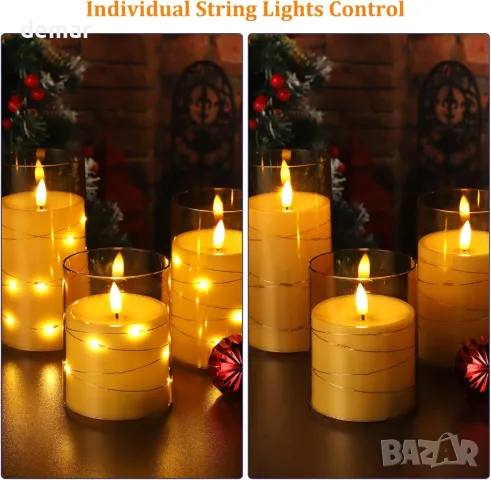 Glowtink 3 бр.LED свещи акумулаторни безпламъчни, дистанционен таймер, мигащи, декор, 4" 5" 6",жълти, снимка 5 - Декорация за дома - 47378601