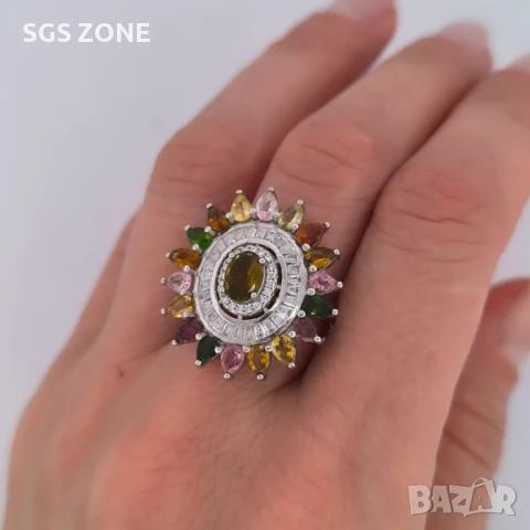 СРЕБЪРЕН ПРЪСТЕН С МНОГОЦВЕТЕН ТУРМАЛИН