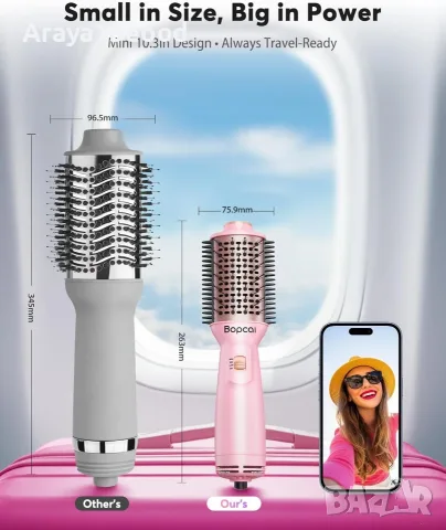 Bopcal 4-в-1 Мини Четка Сешоар с Горещ Въздух – Dual Voltage 100–240V, Йонна Технология, Розова, снимка 3 - Друга електроника - 55750497