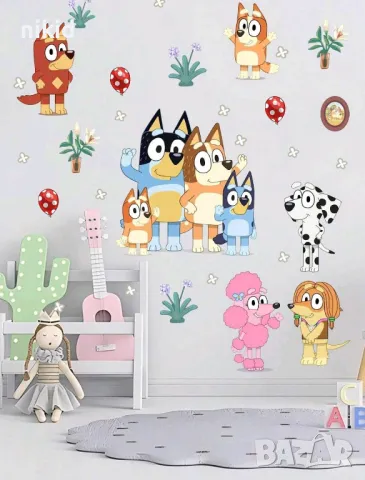 Блуи и Бинго Bluey and Bingo самозалепващ стикер лепенка за стена мебел детска стая