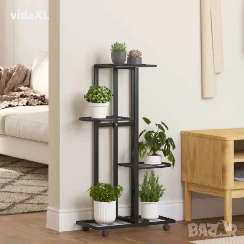 vidaXL 4-етажна стойка за цветя на колела, 44x23x80 см, черна, желязо, снимка 2 - Саксии и кашпи - 56147172