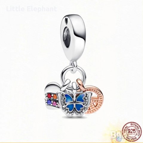 Сребърен висящ елемент Пандора с три висулки-сърце дъга,пеперуда и мир"/нов