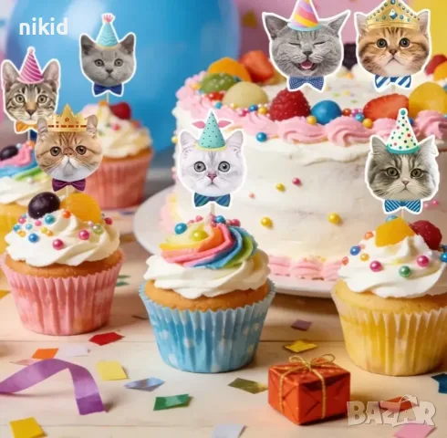 Коте Котка Happy Birthday картонен топер 12 бр топери украса декор парти рожден ден торта мъфини, снимка 11 - Други - 51394601