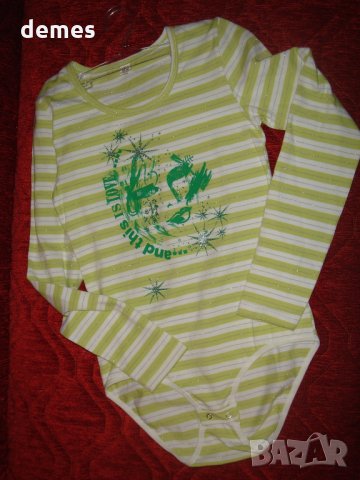  Боди за момиче зелено и бяло райе с дълъг ръкав размер 152, снимка 2 - Детско бельо и бански  - 30935372