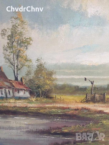 122х92см/стара голяма картина масло върху платно/пейзаж/къщи-кладенец/дървена рамка, снимка 5 - Картини - 51131307
