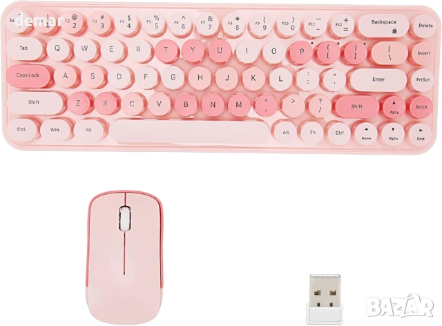 VBESTLIFE Безжична клавиатура и мишка, сладка ретро клавиатура с 68 кръгли клавиша и мишка, розово