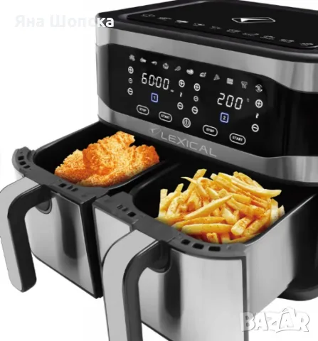 Двоен Air Fryer Lexical 9L 2100W – 2 кошници, 10 програми, тъч дисплей, снимка 4 - Уреди за готвене на пара - 55787441