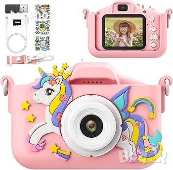 Нов Детски Дигитален Фотоапарат PHNIXGAM Pink Unicorn (1080P, 32GB Карта, Смарт Игри, MP3)  