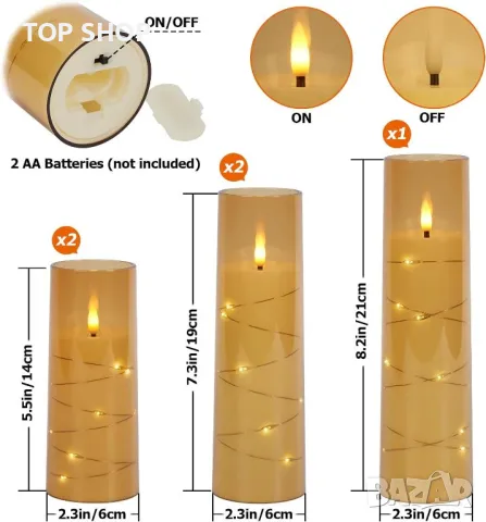 IMAGE Трептящи безпламъчни свещи за декор,работещи с батерии, акрилни 3D LED с таймер, 5 броя, злато, снимка 7 - Декорация за дома - 49515863
