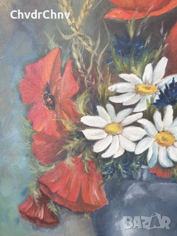 Mathys 68х58см/стара картина масло върху платно/натюрморт кана с цветя/1979/дървена рамка, снимка 5 - Картини - 51357163