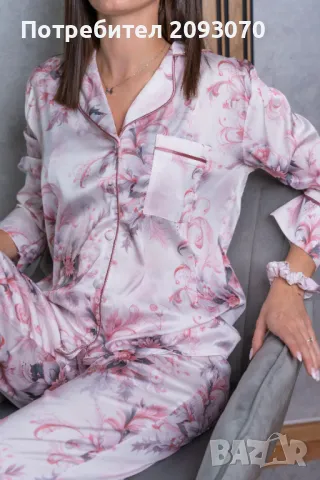 Дамска сатенена пижама + скрънчи за коса, снимка 5 - Комплекти - 48940313