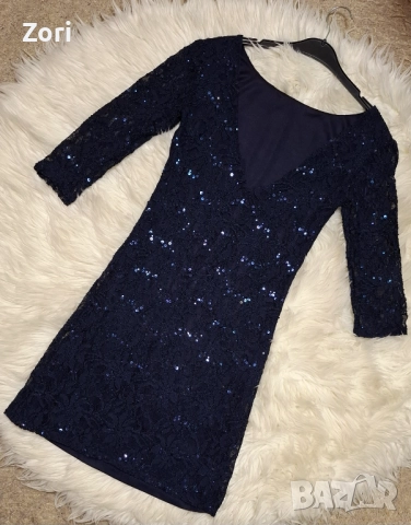 Блестяща тъмносиня дантелена рокля с пайети, снимка 5 - Рокли - 52583943