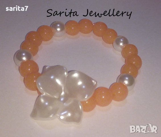 Сладурска гривна в жълто с красиви бели перли и голямо перлено цвете, снимка 2 - Гривни - 17248080