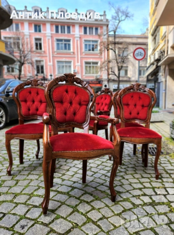 Комплект от 6 трапезни стола с червена плюшена дамаска, снимка 9 - Столове - 53983502