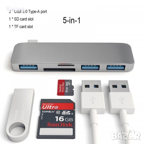 USB-C Хъб адаптер USB 3.1 с PD Слот за SD и TF карти за MacBook Pro и компютри с USB-C порт