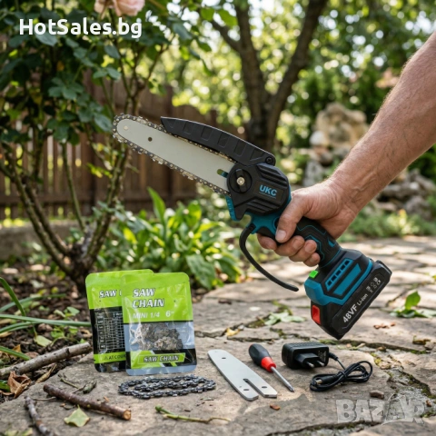 Акумулаторен трион UKC 48V – Компактна 6″ верижна резачка с 2 батерии, снимка 6 - Градинска техника - 54029474