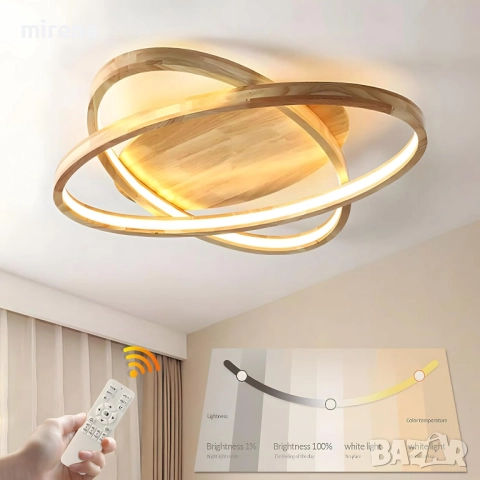 ЛЕД LED дървена таванна лампа полилей, 52см димируема дистанционно 221, снимка 6 - Лампи за таван - 51556268