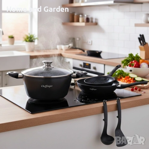 Комплект съдове за готвене 6 части Cheffinger – тенджера 24 см, тигани 24 и 28 см, за индукция, снимка 3 - Съдове за готвене - 54036350