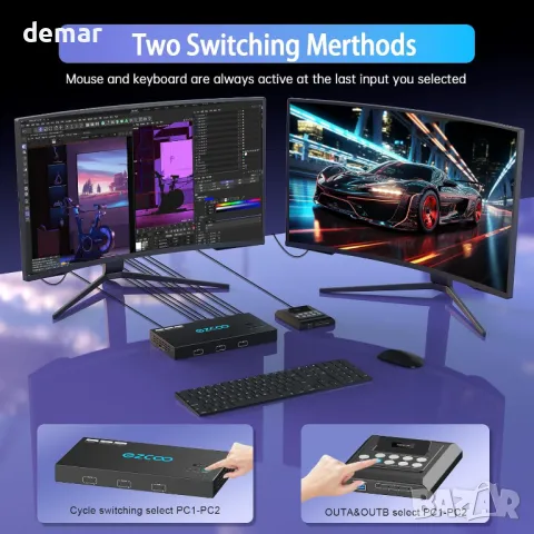 4K@60Hz HDMI KVM превключвател, 2 монитора-2 компютъра, EDID,4 USB 3.0, снимка 6 - Кабели и адаптери - 47446850