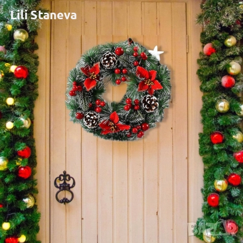 Коледен венец за декорация с шишарки и изкусветни коледни звезди., снимка 8 - Декорация за дома - 52389820