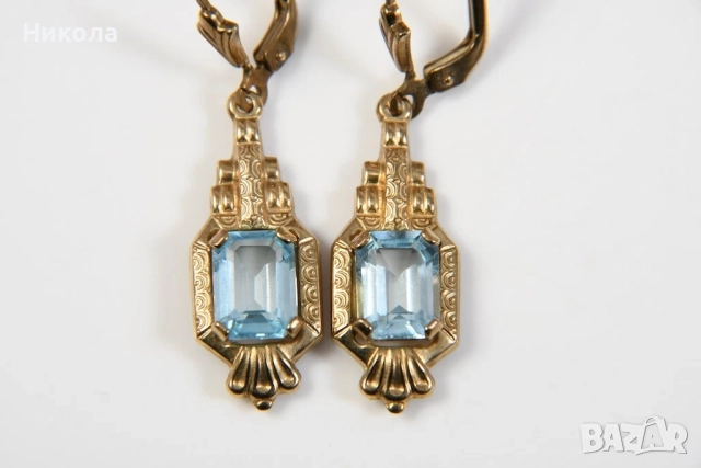 Арт деко обеци - 8к .333 и топаз, снимка 6 - Обеци - 52355341