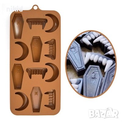 3D Хелоуин Halloween вампирски зъби ковчег луна полумесец силиконов молд форма фондан шоколад гипс