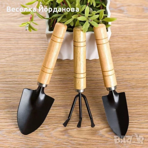 Комплект мини градински инструменти с дървени дръжки, снимка 2 - Градинска техника - 53043598