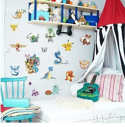 Покемон Пикачу Pokemon герои стикер лепенка за стена или гардероб детска самозалепващ, снимка 4 - Други - 32115497