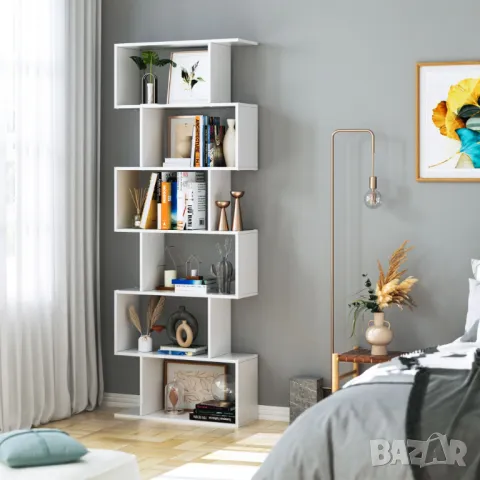 Homfa Геометрична библиотека с дървена S-образна, 6 нива, бяла, снимка 2 - Секции и витрини - 49565313