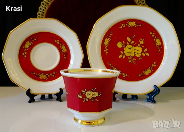Чаша с чинии баварски порцелан,злато,рози,рубин. , снимка 2 - Чаши - 38215213