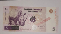 UNC SPECIMEN. Банкнота от Демократична Република Конго 5 Франка 1997 година. , снимка 1