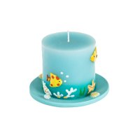 Синя свещ, с релефен дизайн на морското дъно и чинийка, 7x7cm, снимка 1 - Декорация за дома - 44494971