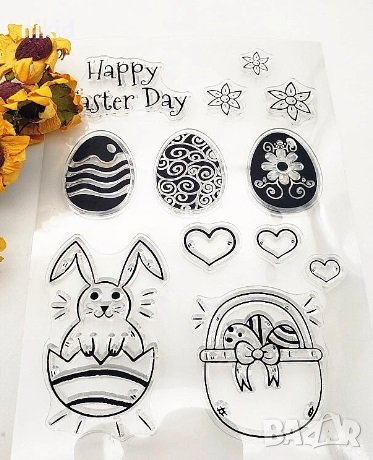 Happy Easter Великденскки яйца заек силиконов гумен печат декор украса бисквитки фондан Scrapbooking, снимка 1