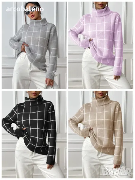 Дамски контрастен кариран пуловер с висока яка, 4цвята , снимка 1