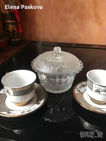 чашки Носталгия мока или турско 2 бр+ захарница гравирано стъкло, снимка 1