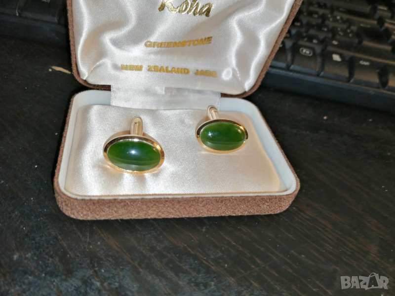 Мъжки позлатени копчета за ръкавели - Greenstone (Нефрит), снимка 1
