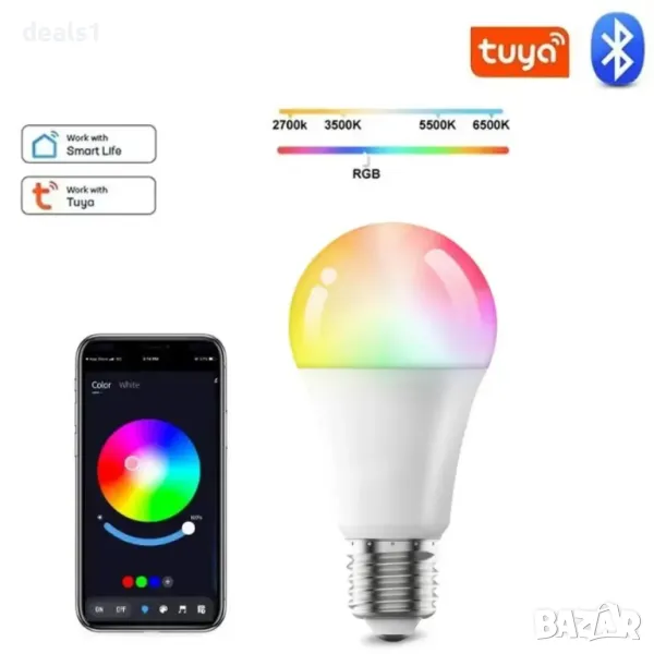 Tuya BLE RGB Интелигентна LED Крушка Е27 9W 220V, снимка 1