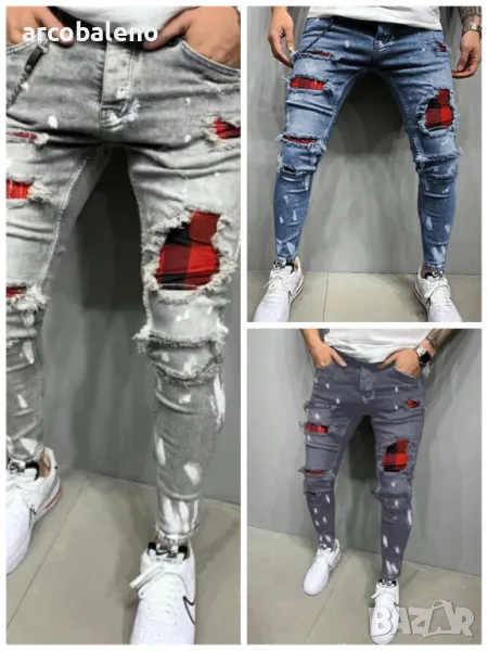 Леко еластични мъжки дънки от плътен деним от смесен памук с наклонени джобове, 3цвята, снимка 1