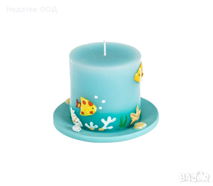 Синя свещ, с релефен дизайн на морското дъно и чинийка, 7x7cm, снимка 1