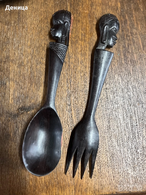 Комплект  ръчно резбовани дървени прибори за сервиране на салата, снимка 1