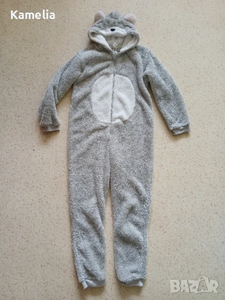 Пухкав детски зимен гащеризон тип пижама с мече качулка, дете 12-14г., снимка 1