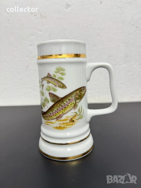 Порцеланова халба с рибарски мотиви / пастърва. №7591, снимка 1