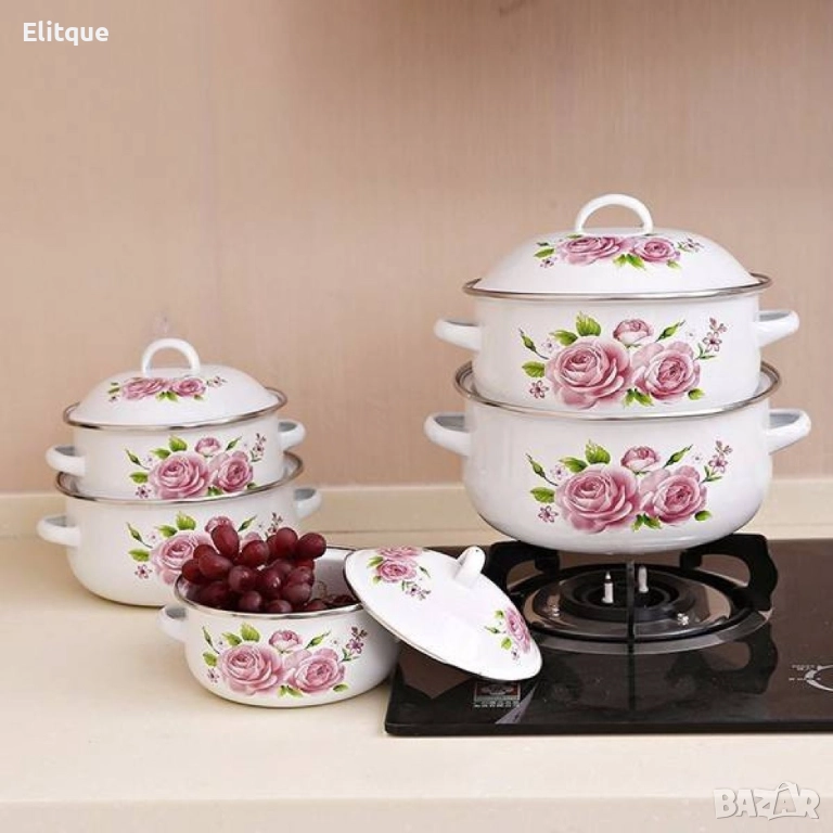 Комплект 5 бр. емайлирани тенджери с незалепващо покритите + капаци ТОП КАЧЕСТВО, снимка 1