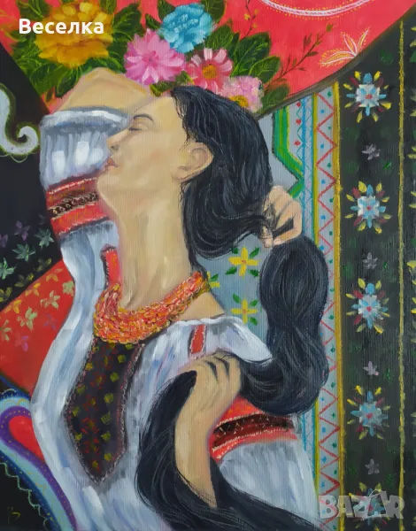 Рисувана картина Мома с народна носия, маслени бои, снимка 1