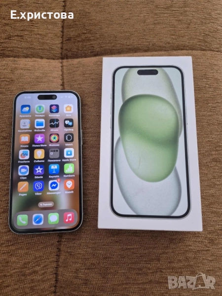 iPhone 15, 128GB, Green – Отлично състояние, с кутия и гаранция, снимка 1