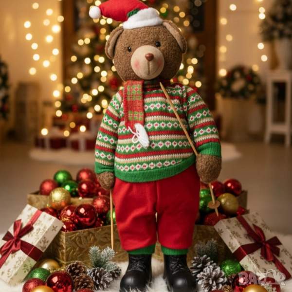 Коледно плюшено мече с пуловер и шапка – топъл акцент за празничен уют у дома, снимка 1